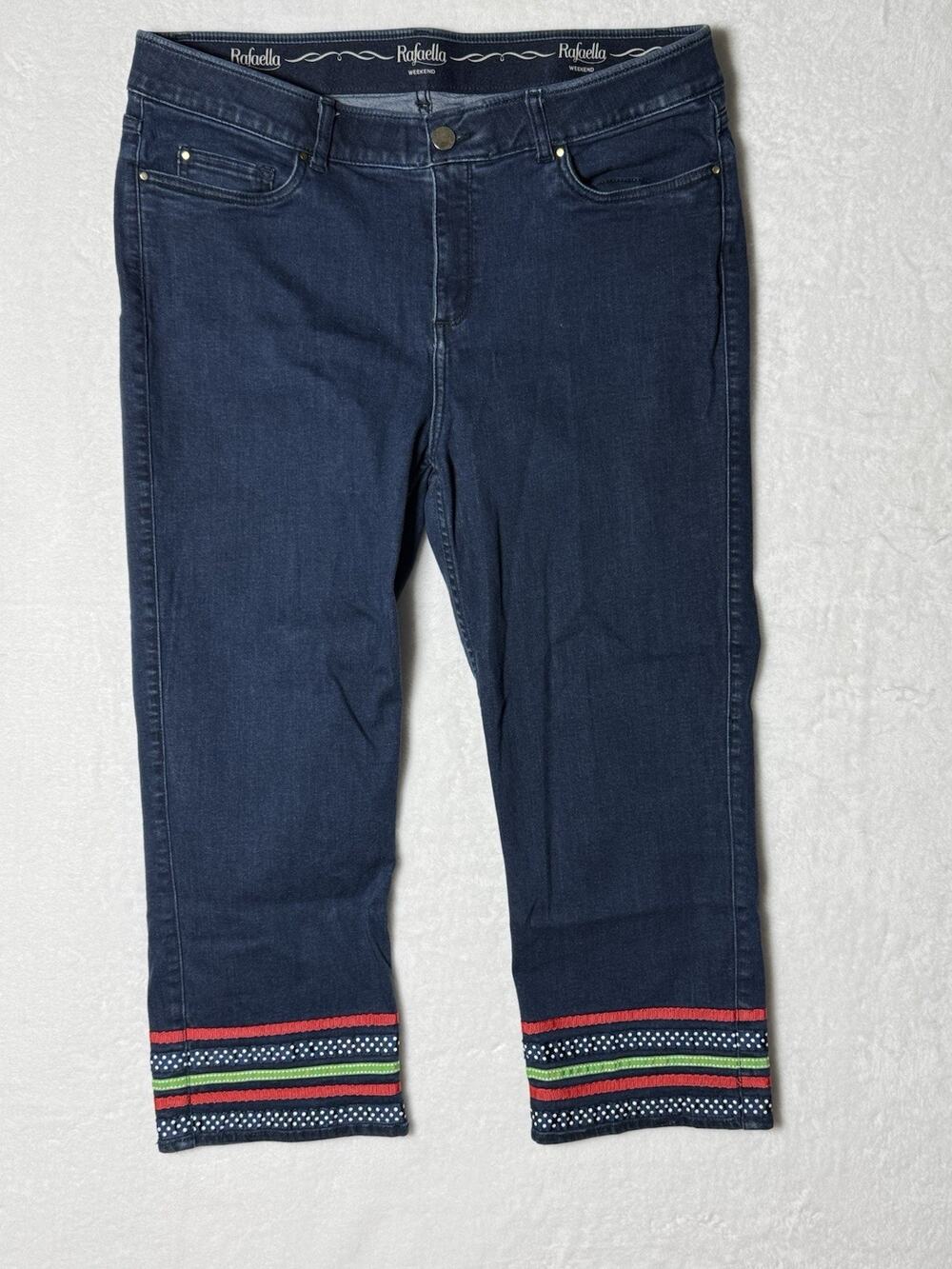 Rafaella Weekend Womens 16 Capri Jeans Dark Wash Embellished Hem Stretch Denim